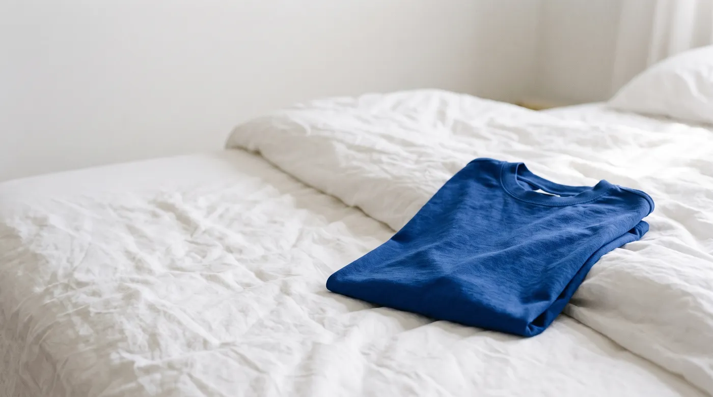 The tee folded on a white bed