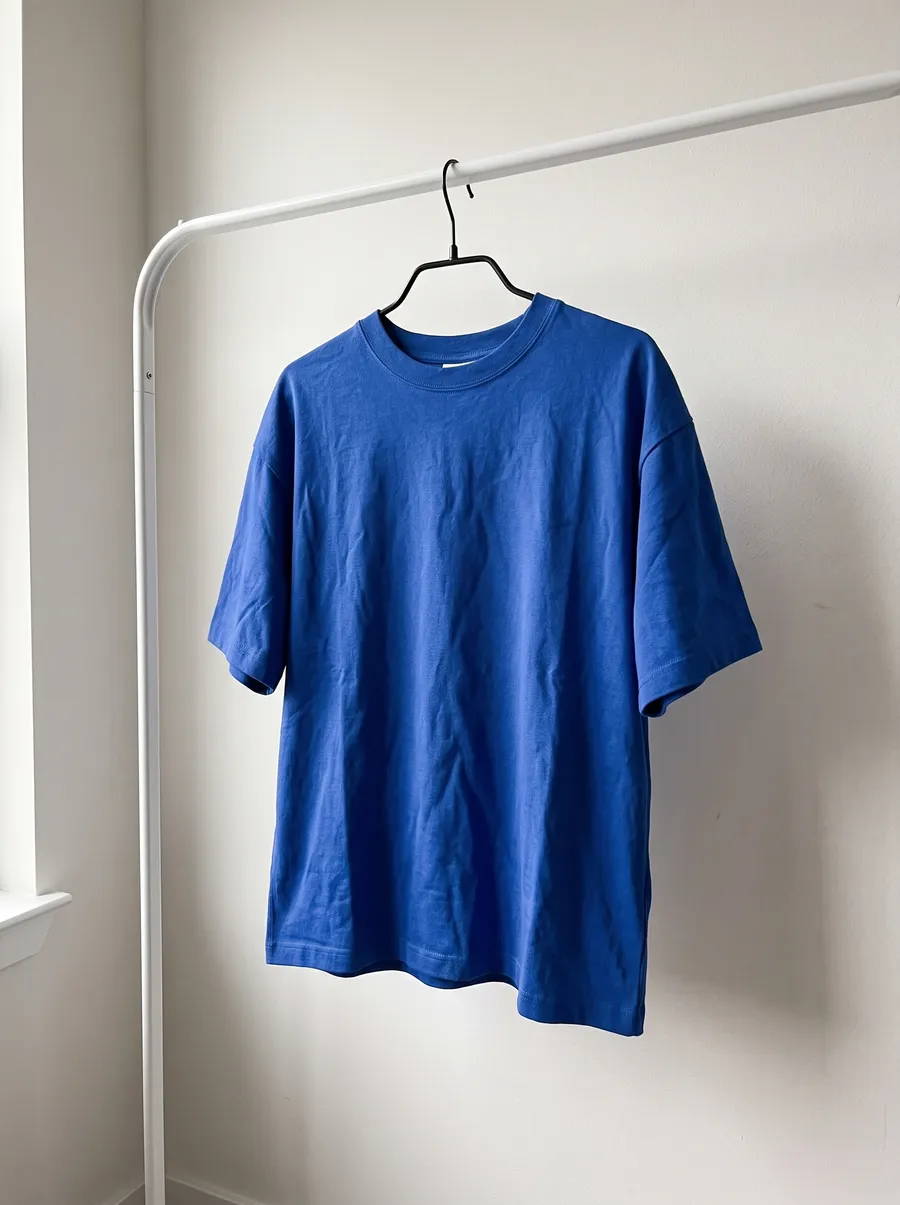 A cobalt tee on a hanger, photographed on a phone at home