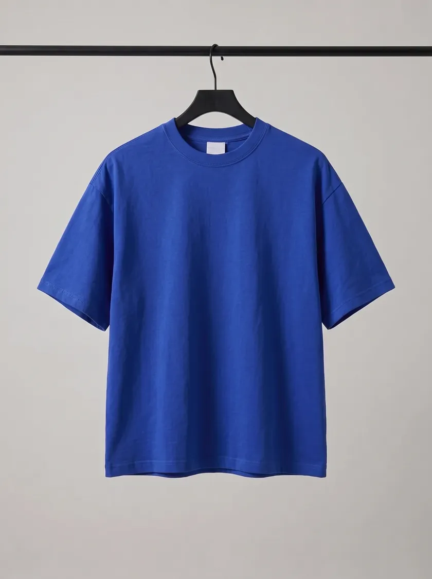 The tee on a hanger against a plain studio backdrop