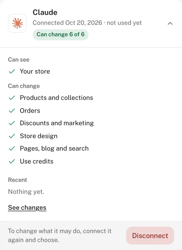 Connected apps in Shopdrop's settings: Claude, what it can see and change, See changes and Disconnect.