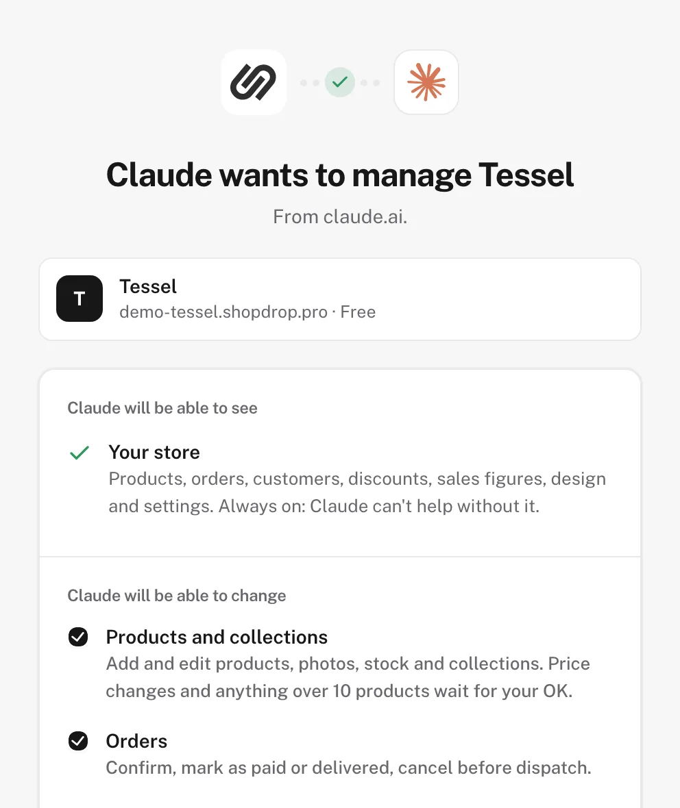 Shopdrop's sign-in for Claude: Claude wants to manage Tessel, can always see the store, and can change what you tick.